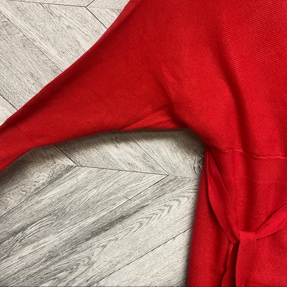 New! Red V Neck Wrap Ribbed Cashmere Sweater Dress - Picture 7 of 8